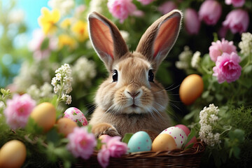 A charming Easter bunny figurine placed against a backdrop of pastel colors or flowers. Capturing the details of the bunny to emphasize its cuteness.