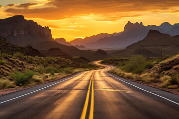 An asphalt road with a yellow dividing strip leads into the distance. Mountain landscape in the...