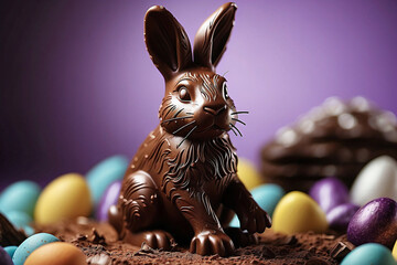A close-up of a chocolate bunny, highlighting its texture and details. 