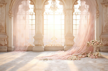 Digital Wedding Backdrop: Luxurious Pink Drapery, Florals, and Marble Floor with Warm Ambient Light for Photography