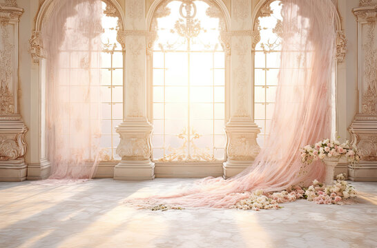 Digital Wedding Backdrop: Luxurious Pink Drapery, Florals, and Marble Floor with Warm Ambient Light for Photography