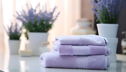 Fototapeta na wymiar Clean purple towels bring freshness and relaxation generated by AI