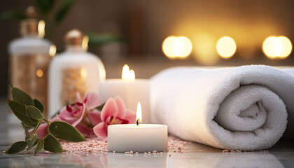 Fototapeta na wymiar Relaxation, luxury, candlelight, spa treatment, freshness, wellbeing, nature, beauty generated by AI