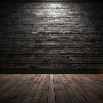  Black room with brick wall and wood floor