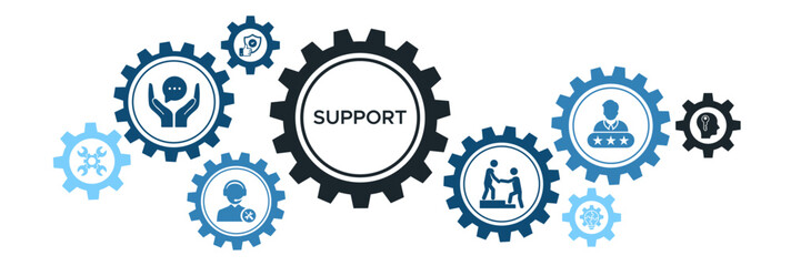 Support banner web icon vector illustration concept with icon of service advice assistance help reliability expert solutions and competence.