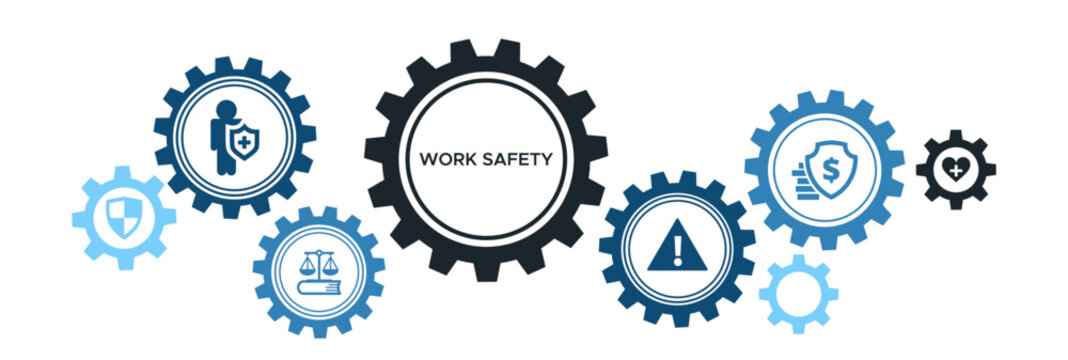 Work safety banner web icon vector illustration for occupational safety and health at work with safety first protection regulations hazards health and insurance icon.