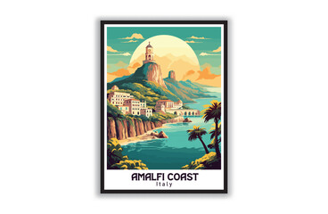 The Amalfi Coast, Italy. Vintage Travel Posters. Vector illustration, art. Famous Tourist Destinations Posters Art Prints Wall Art and Print Set Abstract Travel for Hikers Campers Living Room Decor