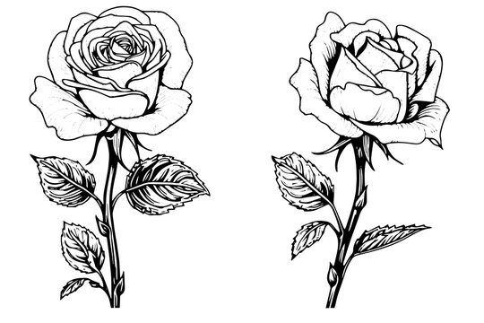 Set of rose flower hand drawn ink sketch. Engraving style vector illustration.