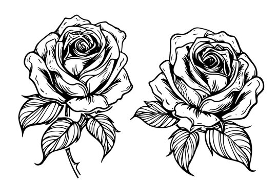 Set of rose flower hand drawn ink sketch. Engraving style vector illustration.