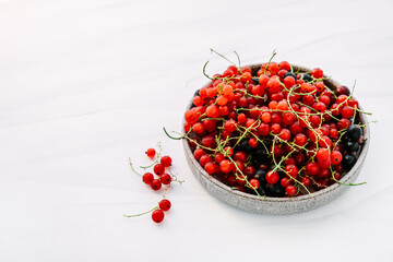 Fresh currants on light background. Farm berry.
