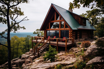 Obraz premium Rustic log cabin on the top of hill overlooking the sea.