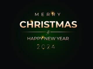 Happy new 2024 year. Minimalistic christmas template.  Elegant gold text with light. 	
