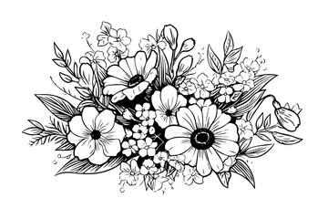 Hand drawn ink sketch of meadow wild flower composition. Engraved style vector illustration.