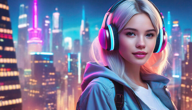 Śliczna dziewczyna synthwave na tle miasta w stylu retrwave