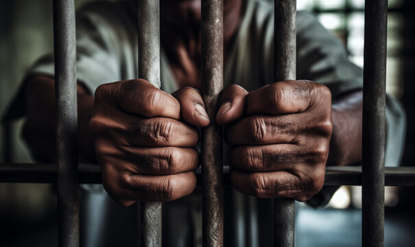 Hands of a prisoner on the bars of a jail cell. Crime and punishment