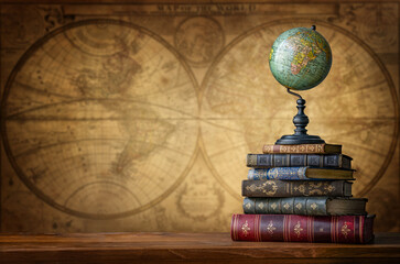 Old geographical globe and old book on map background. Science, education, travel background. History and geography team. Ancience, antique globe on the background of books.