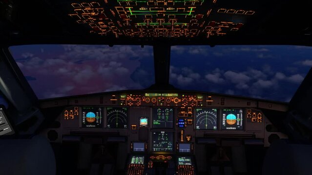 Timelapse in the flightdeck of the Boeing 737 at dusk