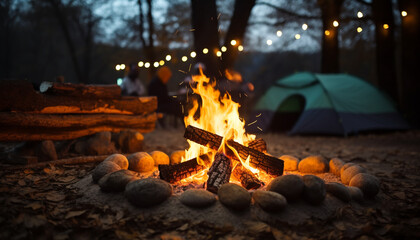 Glowing campfire in the dark, nature beauty generated by AI