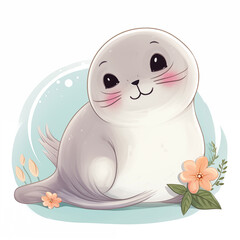 Seal with flowers on a turquoise background