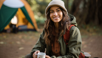 Smiling woman enjoying nature, camping and drinking coffee generated by AI