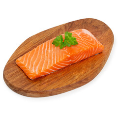 Red fish, salmon wooden board on white background, isolated