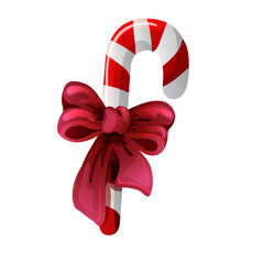 Christmas candy cane with red bow isolated on white background. Christmas candy canes. Christmas stick. Traditional xmas candy with red and white stripes. Santa caramel cane