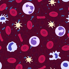 Flat cartoon seamless pattern of red and white blood cells on the background with erythrocytes.
