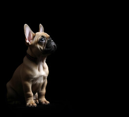 Fototapeta premium Portrait of French Bulldog pupopy looking up on black background with copy space