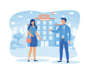 Isolated hotel services set. The doorman smiled and welcomed guests. flat vector modern illustration 