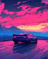 Poster Experience the vibrancy of a neon-lit sports car in a vaporwave style, blending electric blues and pinks. A futuristic and dynamic automotive illustration Created using generative AI tools © Ivan cardona