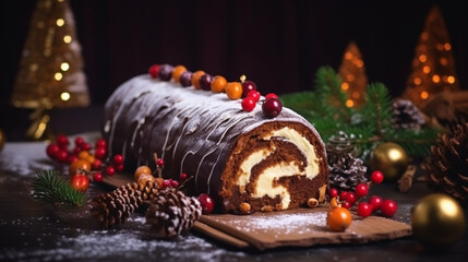 Traditional chocolate trunk cake or log cake on table with Christmas decorations. Generative AI - obrazy, fototapety, plakaty