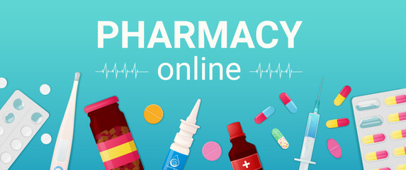 Online pharmacy web banner concept. Medical background with different drug  - obrazy, fototapety, plakaty