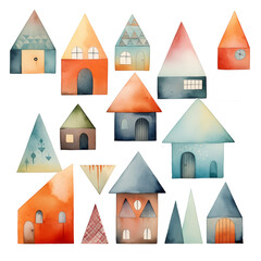 Watercolor Village: Quaint Houses, storybook illustration, nursery decor, crafting elements, transparent, isolated