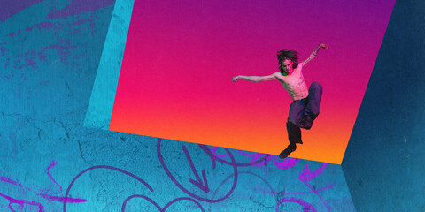 Young shirtless man training outdoors, doing parkour stunts. Freerunner. Contemporary art collage....
