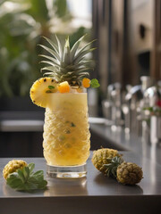 Drink - Cocktail on the table outside seating of a bar, Pineapple incredients for the cocktail, summer cocktail, in a luxurious Michelin kitchen style, natural light
