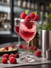Drink - Cocktail on the table outside seating of a bar, Raspberries incredients for the cocktail, summer cocktail, in a luxurious Michelin kitchen style, natural light