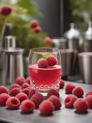 Drink - Cocktail on the table outside seating of a bar, Raspberries incredients for the cocktail, summer cocktail, in a luxurious Michelin kitchen style, natural light