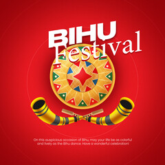 Festive poster for Bihu festival, featuring traditional elements and a red background