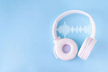 Sound Therapy Mental Health and Wellness concept. Light blue background with laptop and headphones...