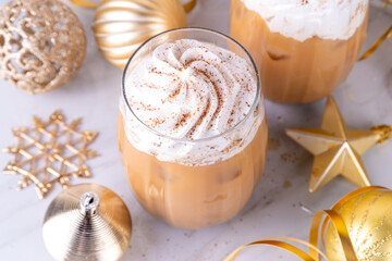 Iced gingerbread latte drink, tasty Christmas New Year beverage hot chocolate or coffee cocktail...