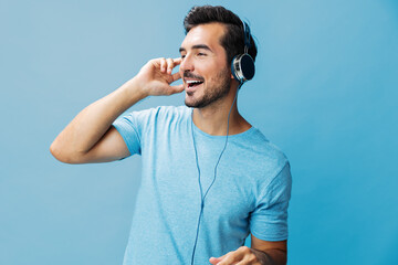 Man headphone happy online music portrait