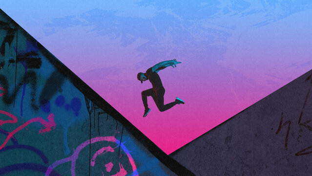 Acrobatic stunts. Young man in sportswear training, practicing parkour tricks over colorful background. Contemporary art collage. Concept of creativity, sport, urban style, hobby, active lifestyle