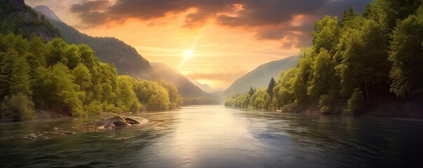 Riverside serenity. Tranquil landscape nature unveils beauty majestic river flowing through lush forest embraced by warmth of setting sun - obrazy, fototapety, plakaty