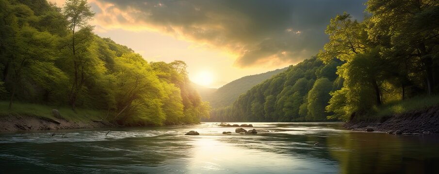 Riverside serenity. Tranquil landscape nature unveils beauty majestic river flowing through lush forest embraced by warmth of setting sun
