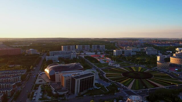Dusk Aerial Photography of Ordos Museum in Ordos, Inner Mongolia, China