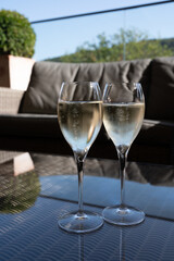 WIne tasting. Production of cremant sparkling wine in south part of Luxembourg country on bank of Moezel, also known as Mosel, Moselle or Musel river.