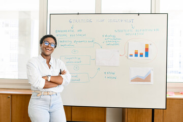 Confident african-american businesswoman, tutor in eyeglasses, wearing white shirt and jeans,...