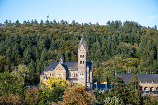 Views of Clervaux commune with town status in northern Luxembourg, capital of  canton of Clervaux, abbey on sunset