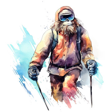 Watercolor bigfoot, yeti, png, Image Sasquatch In ski outfit, with skis and poles, bright image, watercolour style on white background