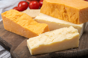 British cheeses collection, Scottish coloured and English matured cheddar cheeses